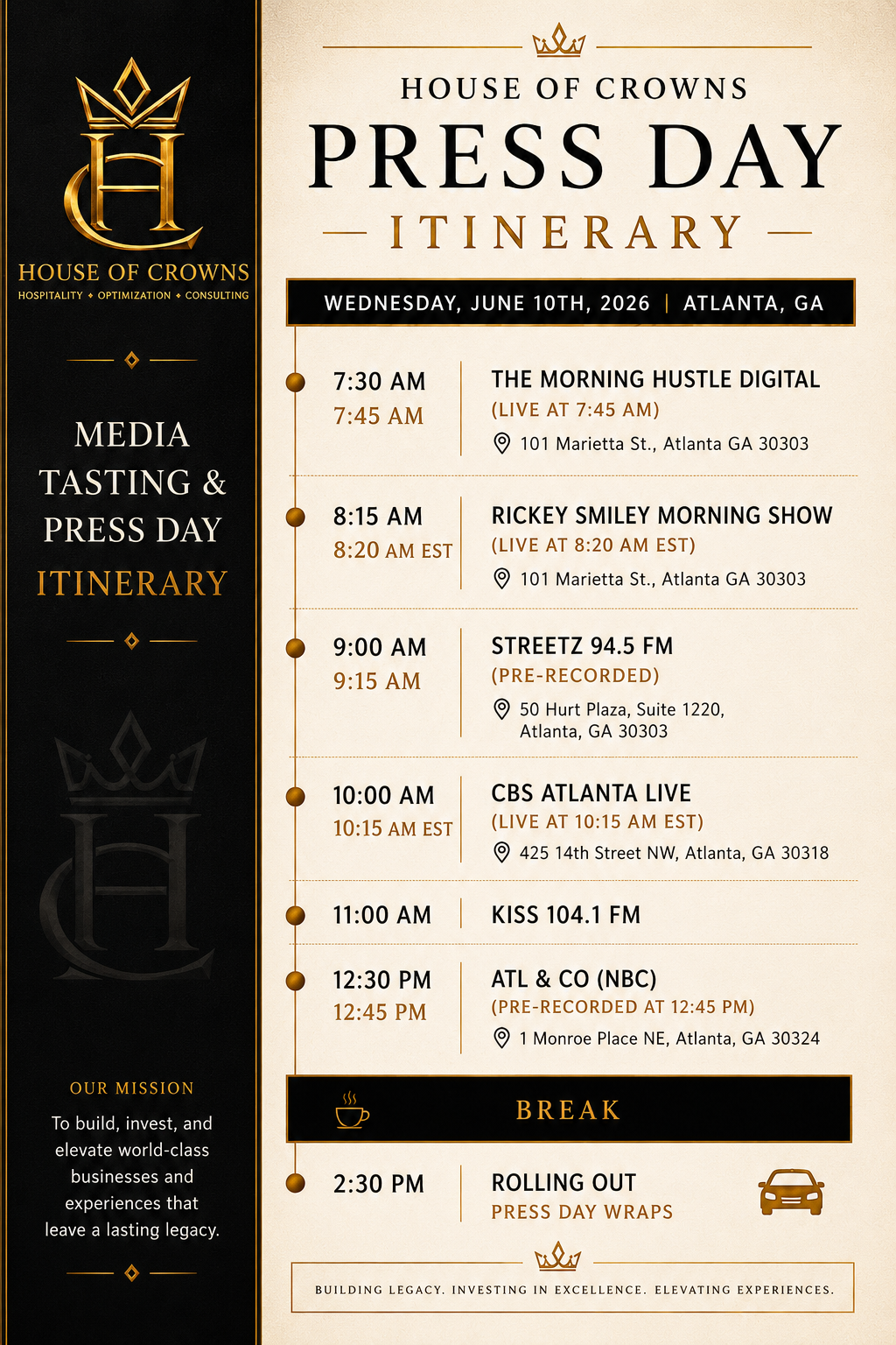 House of Crowns Press Day Itinerary - Wednesday, June 10th, 2026